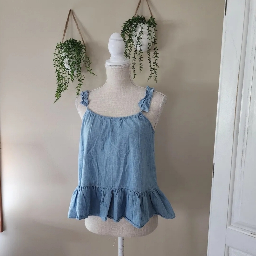 Madewell Women's Size 0 cotton chambray blue sleevless peplum top